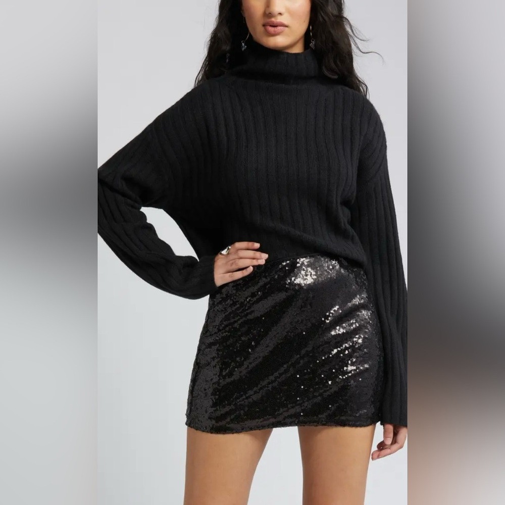 Open Edit Women's Cotton Blend Rib Funnel Neck Black Sweater Size XS